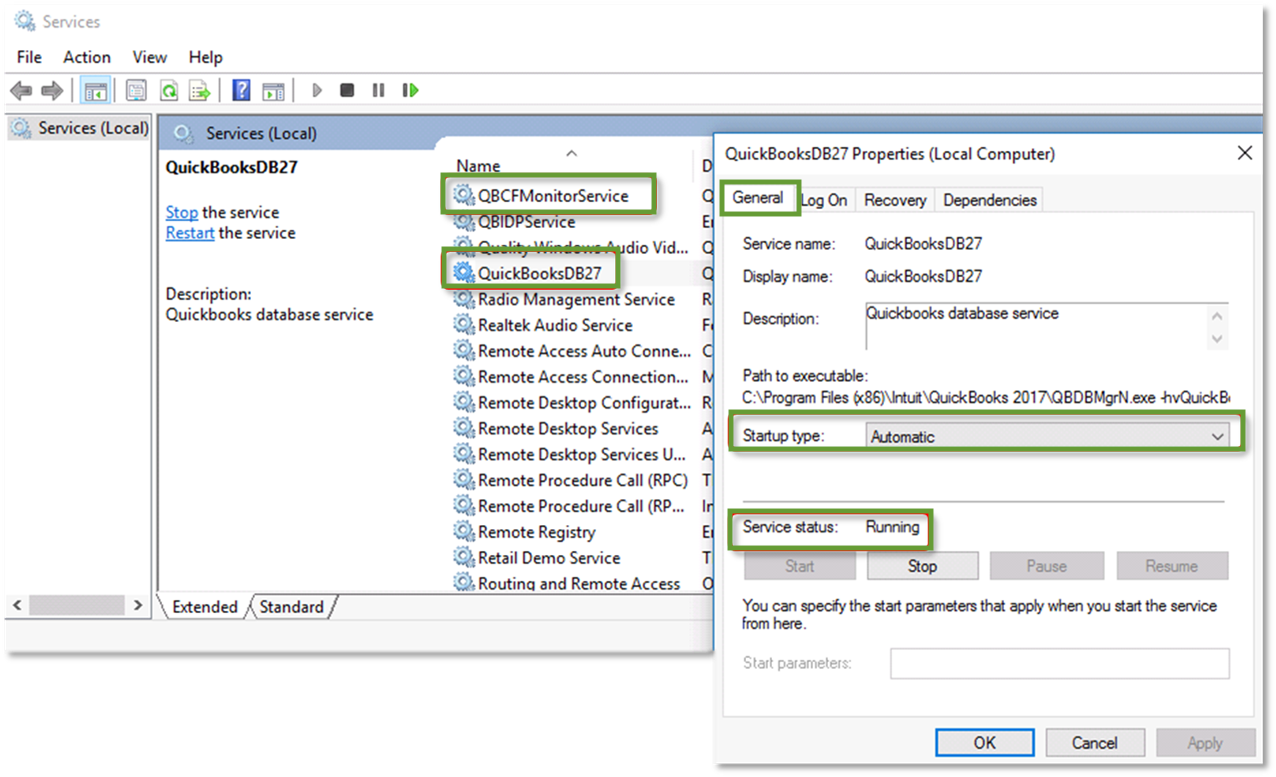 This image shows the general tab when you right click a Windows service and select properties