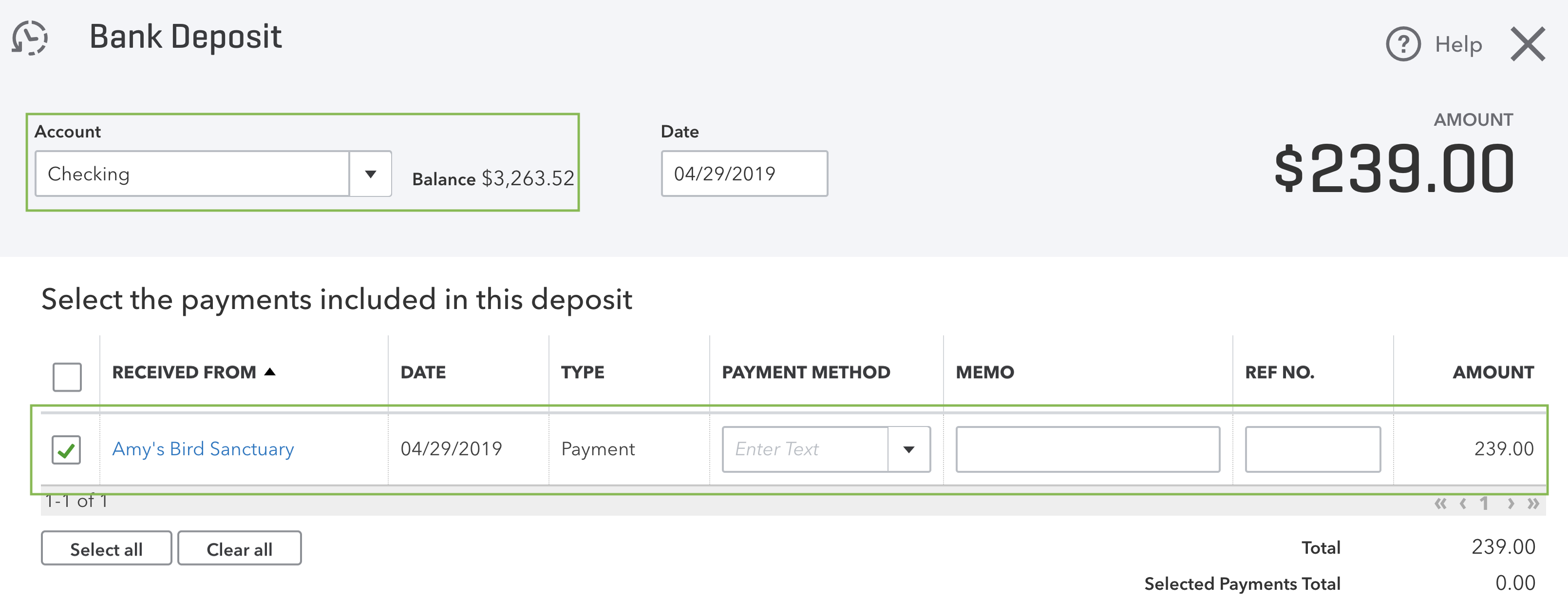 This image shows the Bank Deposit screen and the section where payments in Undeposited Funds should appear