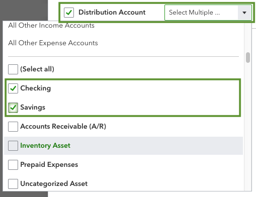 This shows account options you can select after you open the customization window. These options are under the filter section and distribution account drop-down menu. 