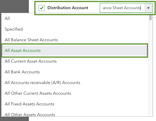 This shows options to see all accounts by type. After you open the customization window, select the filter tab and then the distribution account drop-down.