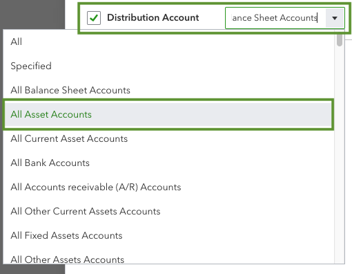 This shows options to see all accounts by type. After you open the customization window, select the filter tab and then the distribution account drop-down. 