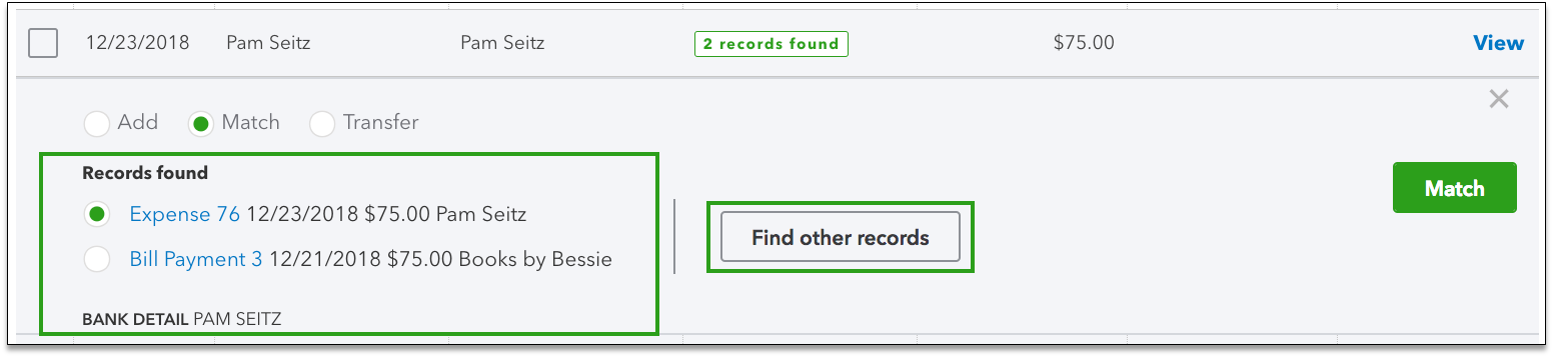 QuickBooks Online Banking Tab Find Other Records