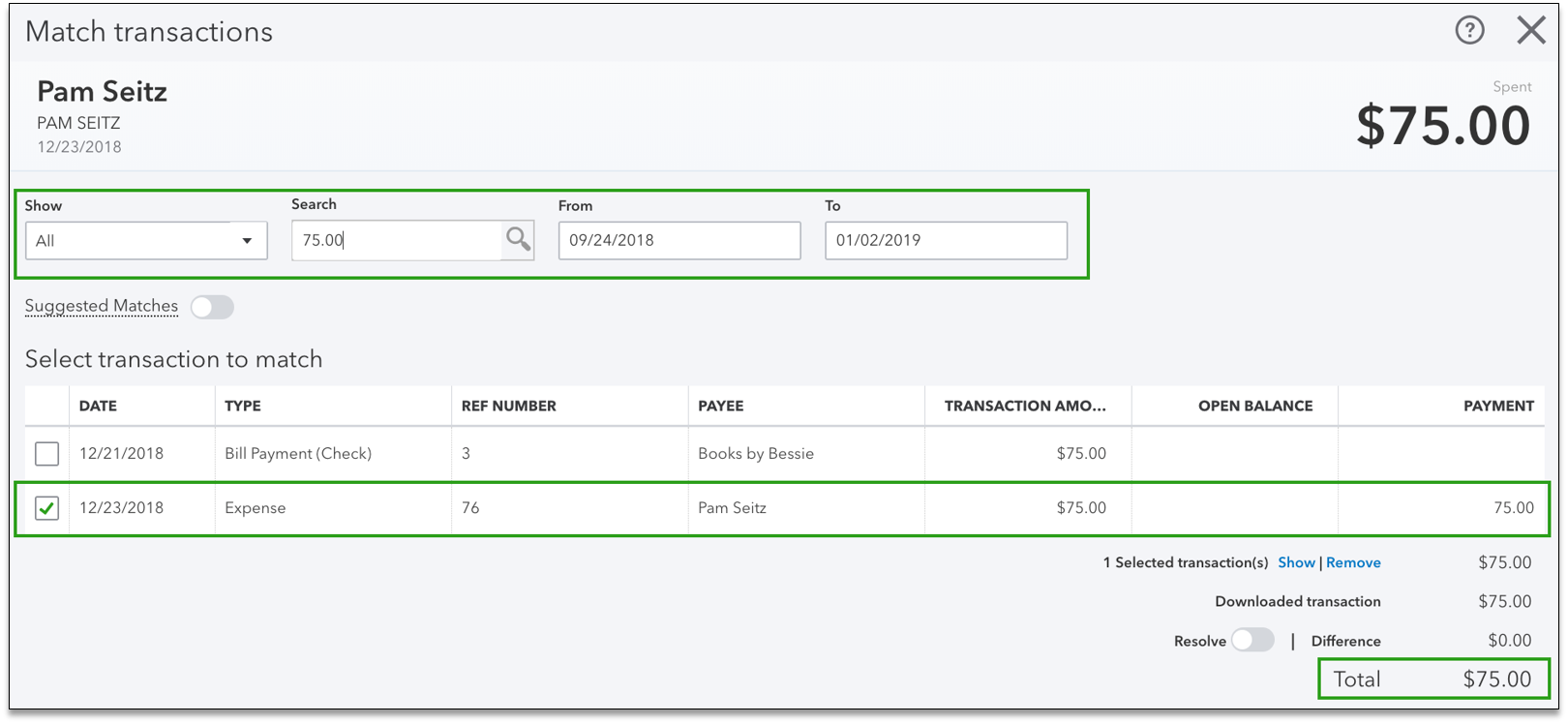 QuickBooks Online Match Transactions