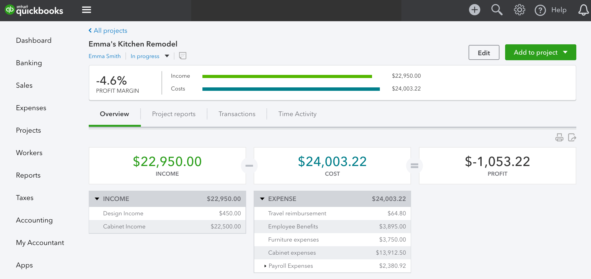 Track income, costs, and profitability by project - Project Overview tab