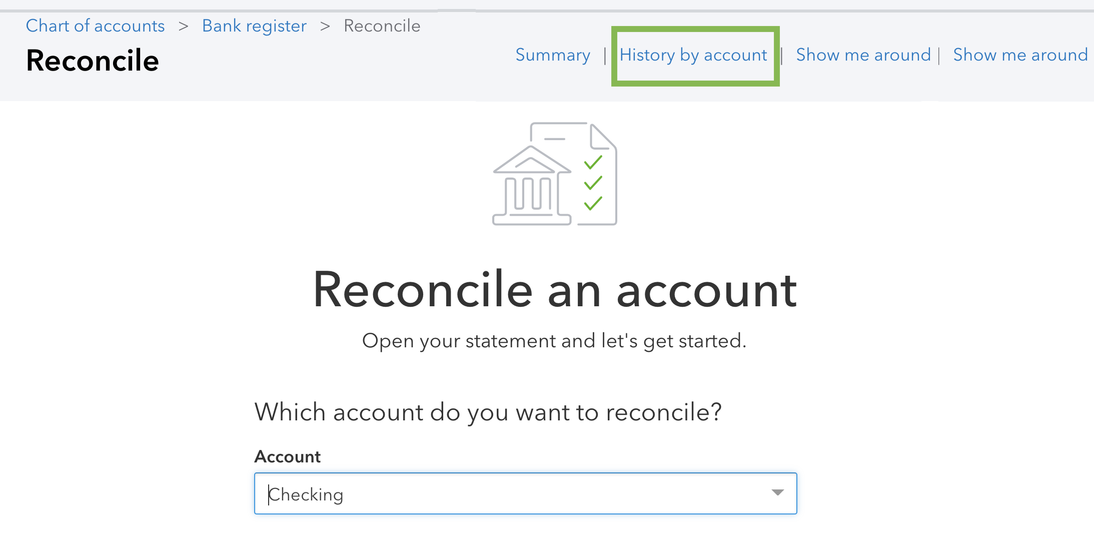 This is an image of the main reconcile an account screen, highlighting the link to History by account