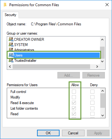 This is an image of your permissions for common files for your Windows operating system. You will need to set them for the Users group.
