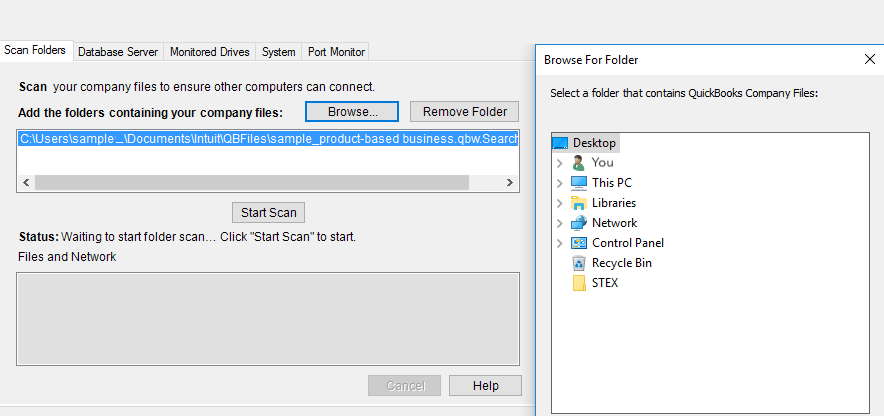 This shows the open window after you select Browse. Find the folders holding your company files.