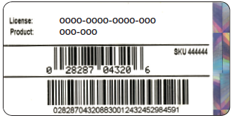 This image shows the label on the original packaging of the QuickBooks Desktop Box. The license number is at the top, product number on the bottom. 