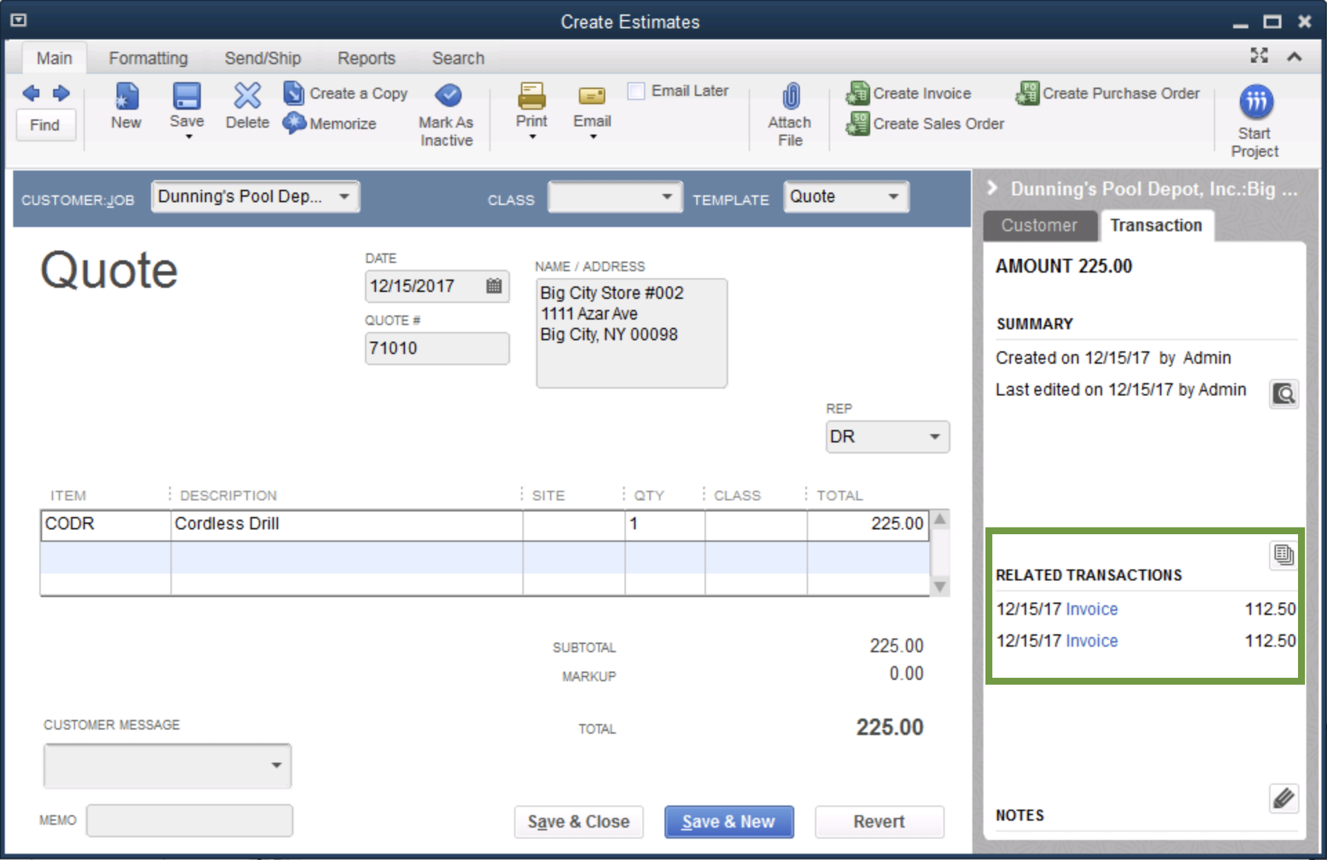 This image shows the side menu that tells you which transactions are related to this estimate.