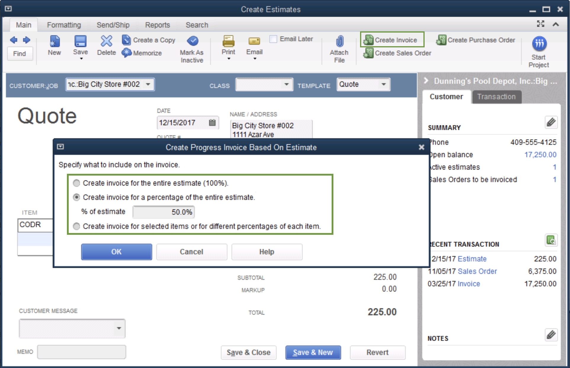 This image shows three options for how you much you want to create a progress invoice for.