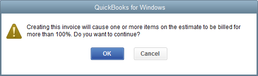 This image shows a notification message telling you that you've invoiced for 100% of the original estimate total.