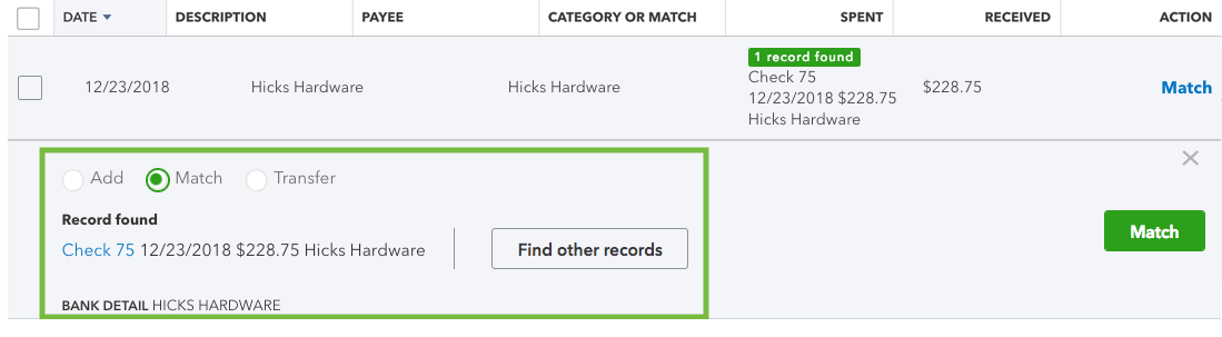 quickbooks download bank transactions match