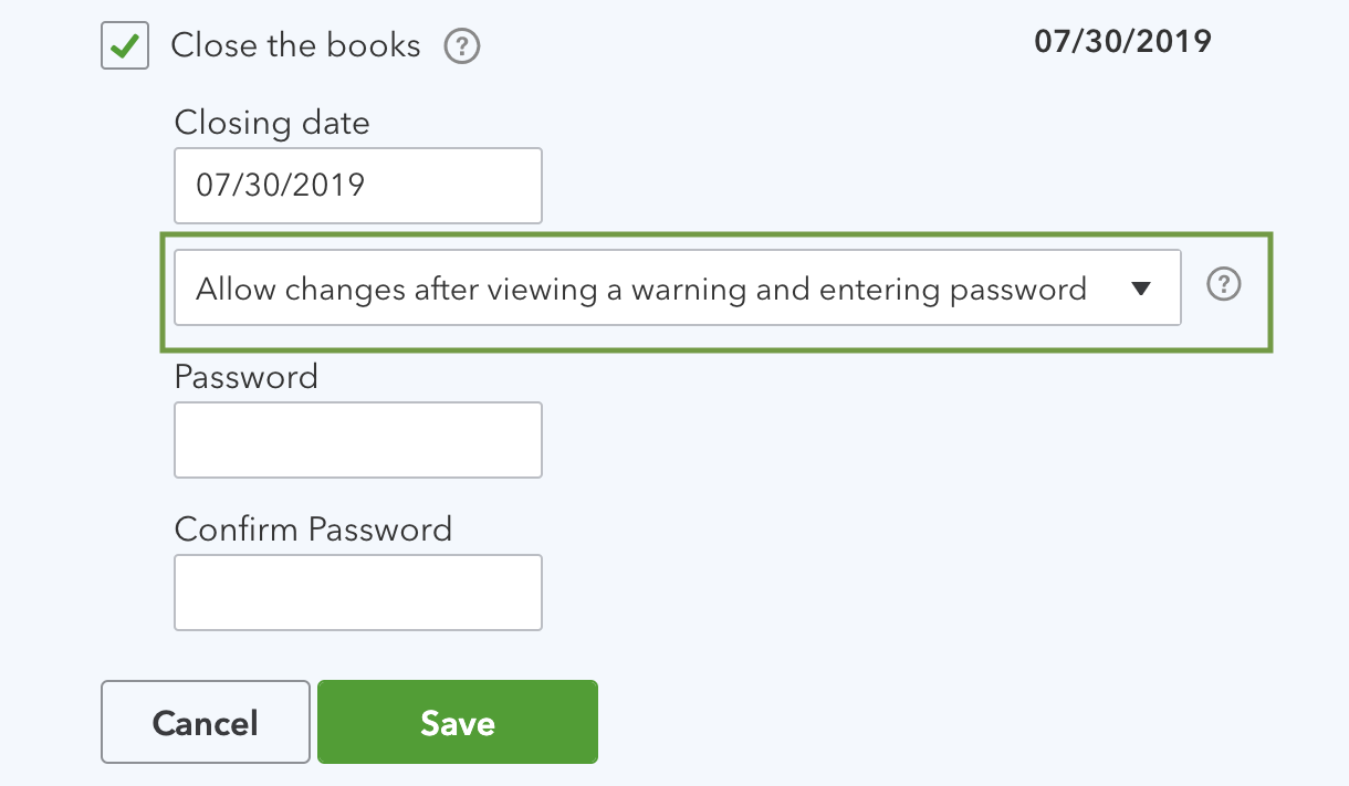 This shows the drop-down menu that lets you create a password when you close your books.