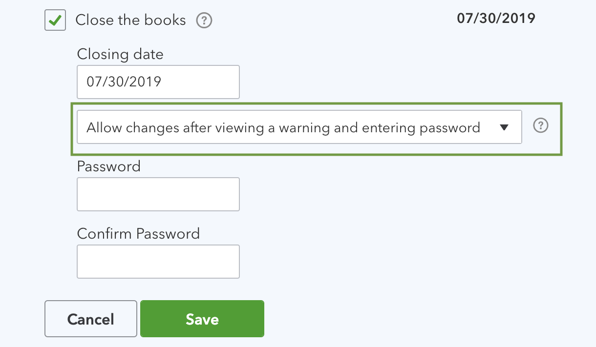 This shows the drop-down menu that lets you create a password when you close your books. 