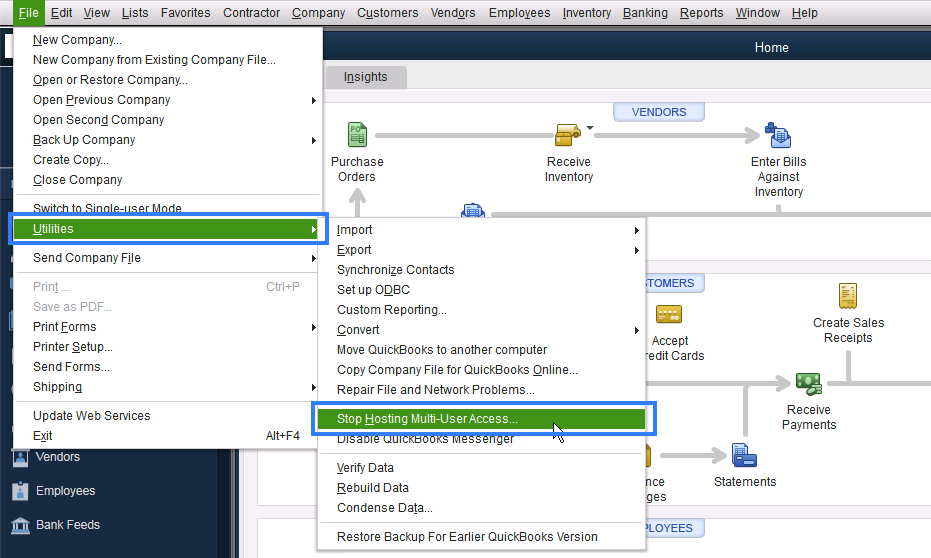 This image shows the open File menu with utilities selected. You can see the Stop Hosting Multi-User Access option.