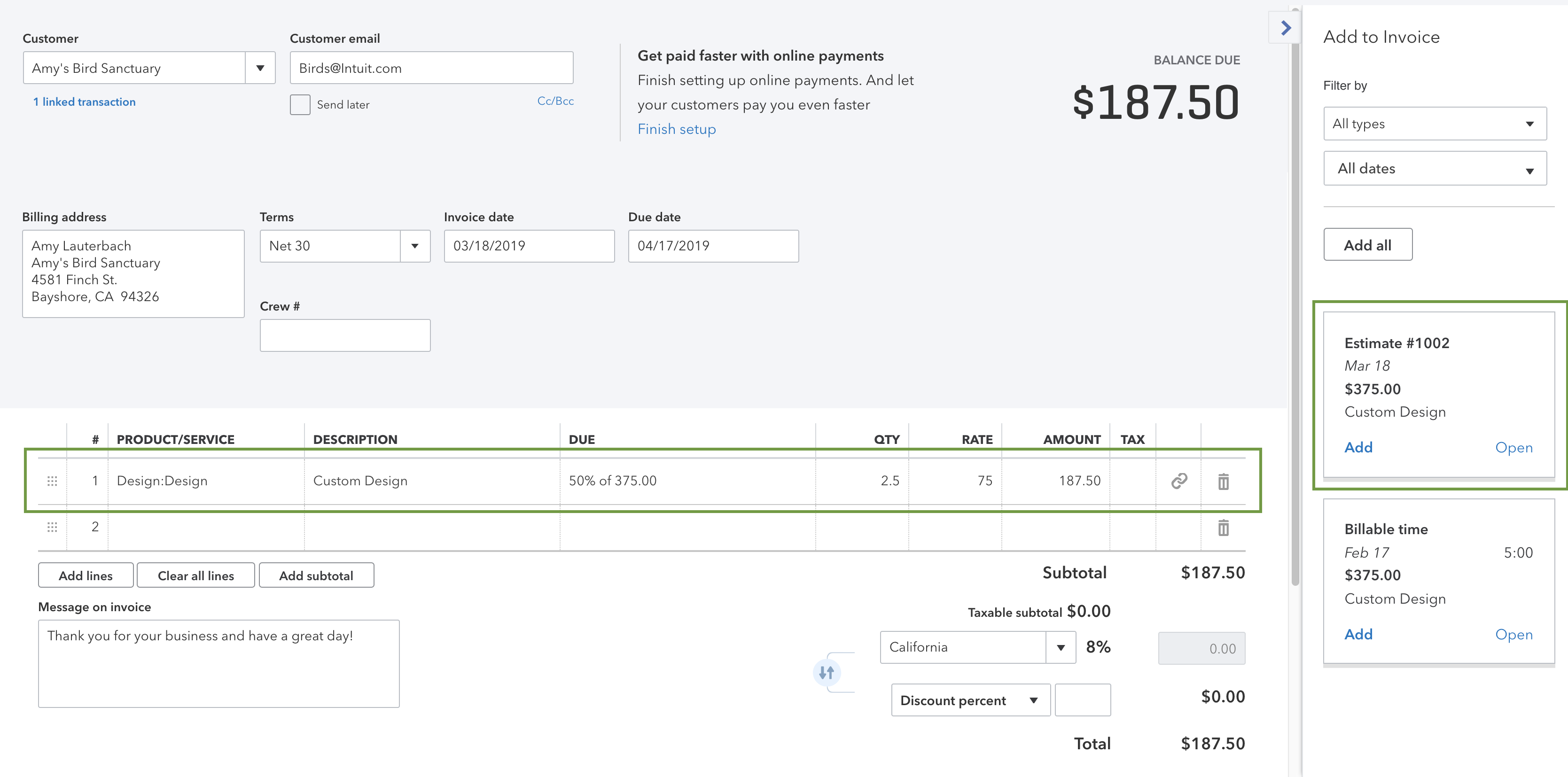 Set up and send progress invoices in QuickBooks Online In Create Invoice Template Quickbooks