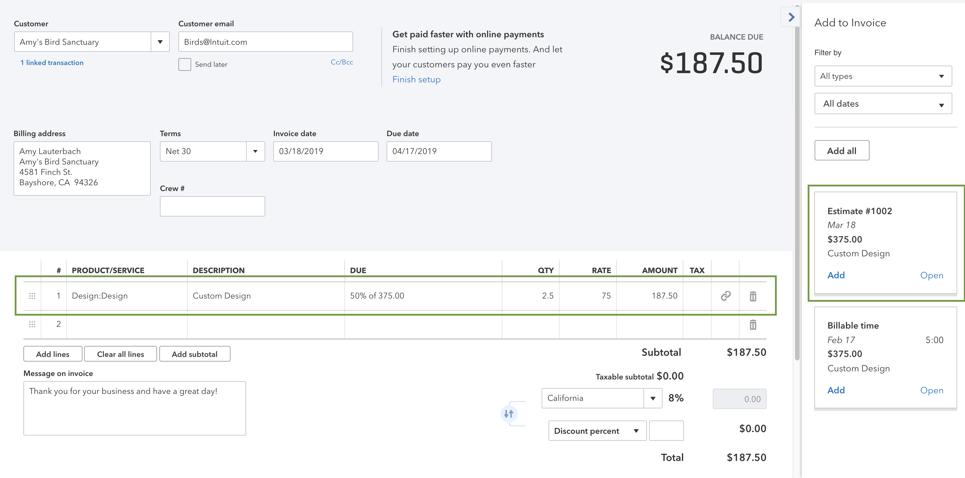 This image shows the invoice drawer that appears after you select a customer on an invoice form who has an open estimate. You can simply link the open estimate to the new invoice you're creating.