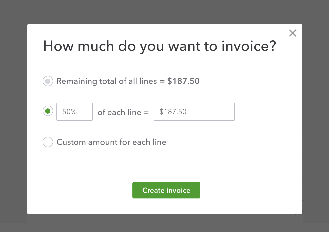 This is an image of the three options you can choose from when you create a progress invoice from an estimate.