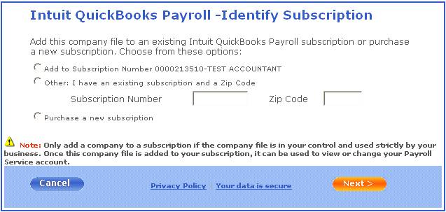 enter subscription number and zip code in QuickBooks Payroll