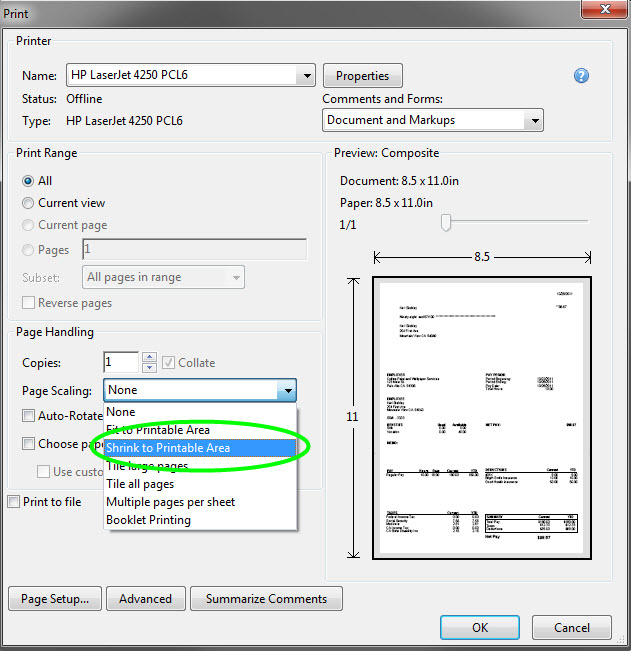 Windows page scaling printer settings