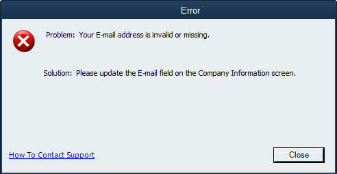 your email address is invalid or missing error screen in QuickBooks