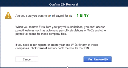 confirm EIN remove window in QuickBooks Payroll Account Maintenance