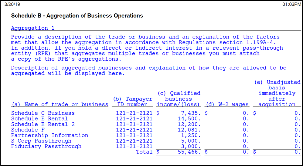 Image of Lacerte Individual Worksheet - Schedule B - Aggregation of Business Operations