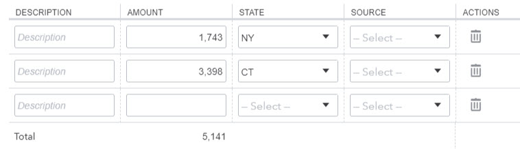 State detail input grid. Line 1 Amount 1743, State NY, Source blank. Line 2 Amount 3398, State CT, Source blank.