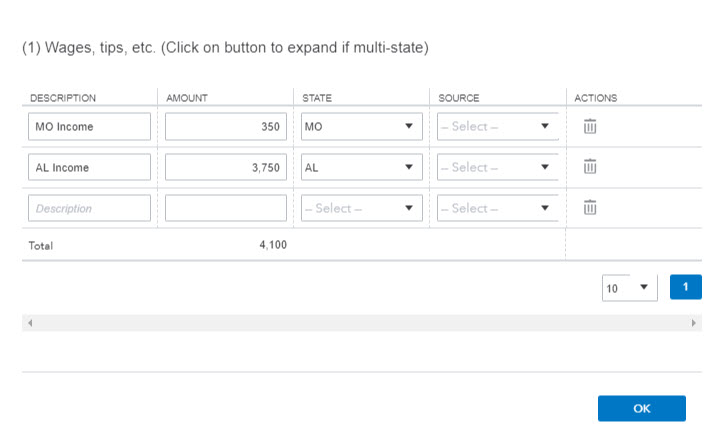 Supporting detail screen shown with line 1 Amount 350 State MO and Source blank. Line 2 Amount 3750 State AL and Source Blank.