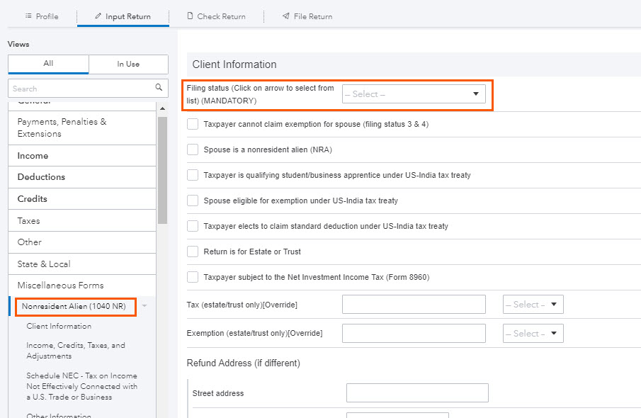 1040NR input screen