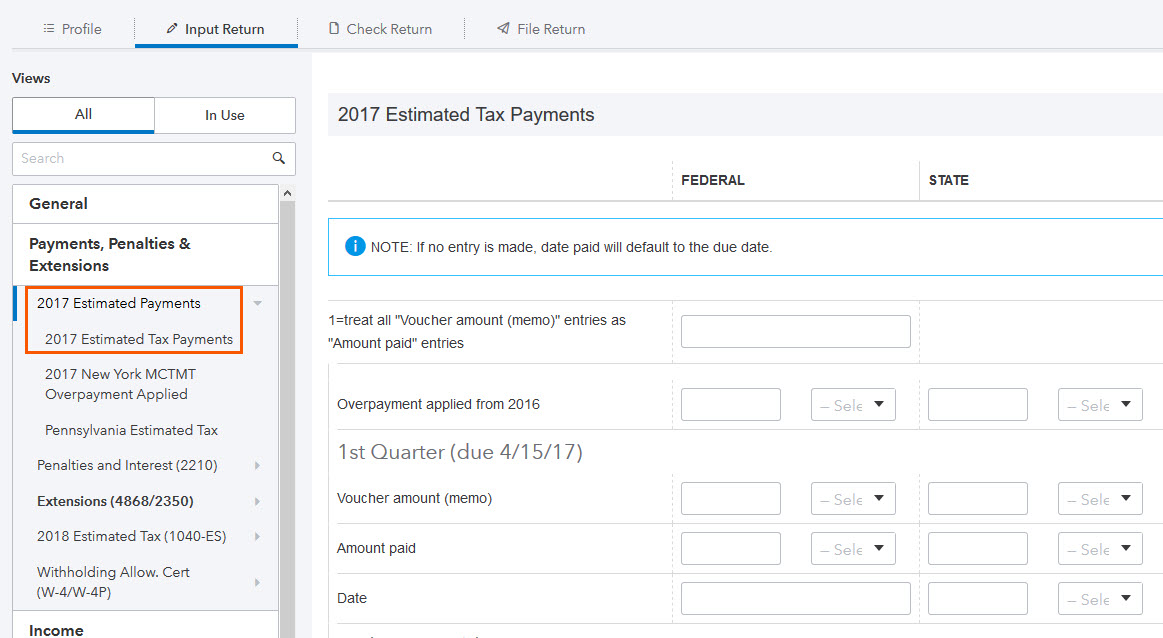 How do I enter estimated tax payments in ProConnect Tax Online?
