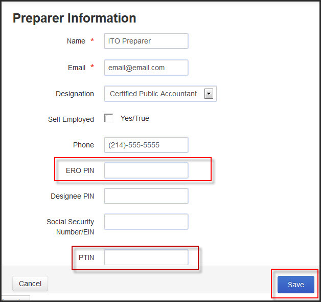 Entering an EFIN PTIN and ERO PIN in the ProConnect Tax Online P