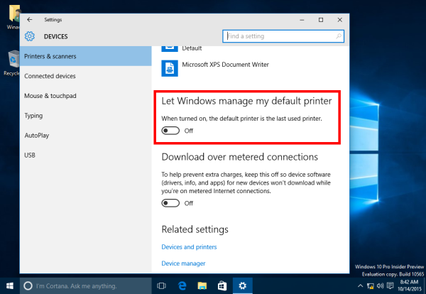 setting default printer in windows 8