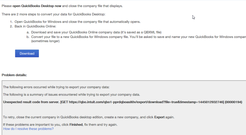 Server error message when exporting QuickBooks Online data to QuickBooks Desktop