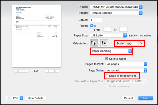 QuickBooks printer settings