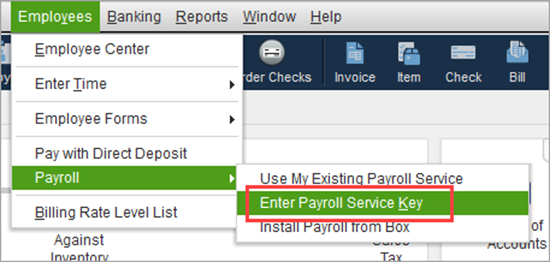 Enter payroll service key in QuickBooks Desktop