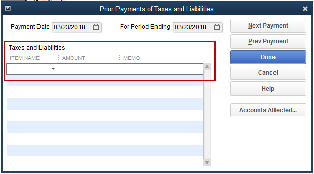 Taxes and Liabilities section is selected