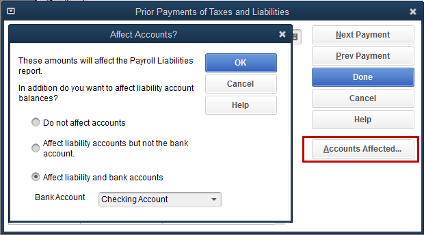 Accounts Affected button is selected