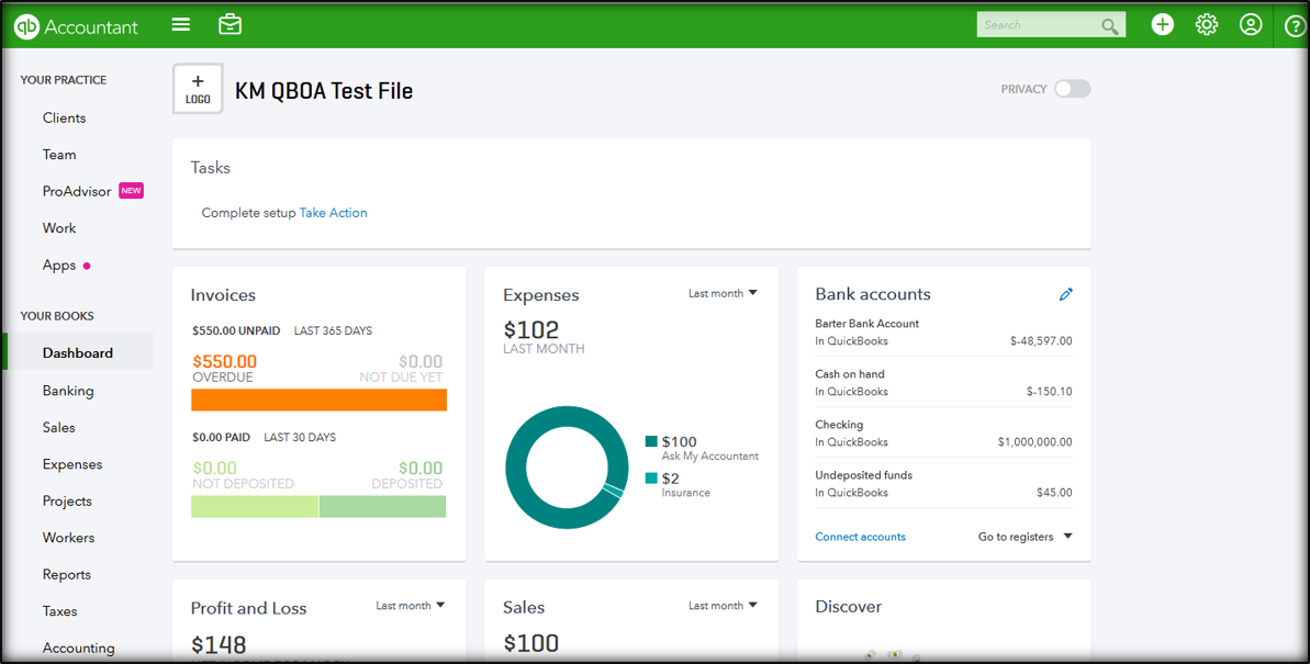 Example of QuickBooks Online Accountant Dashboard