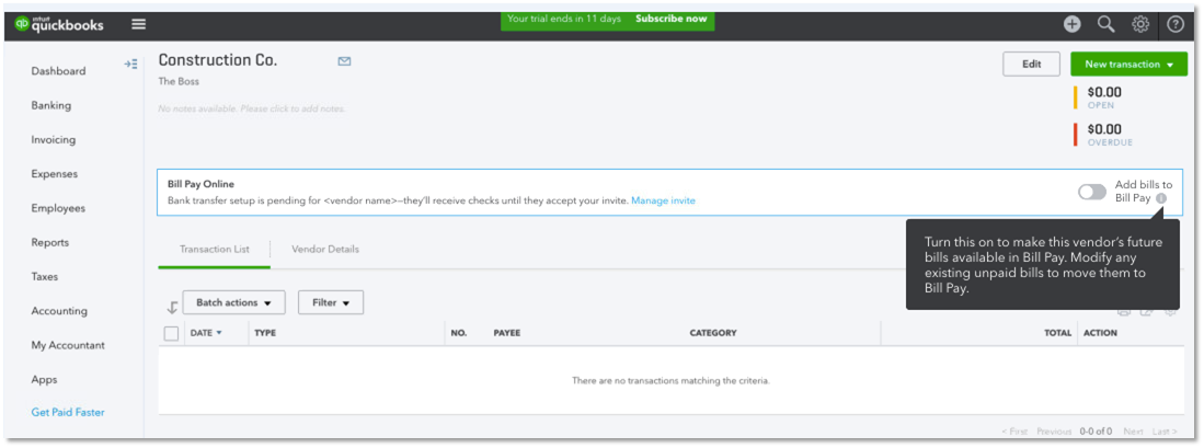 add bills for vendor in QuickBooks Online Bill Pay