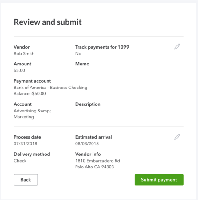 Review and submit vendor payment in QuickBooks Online