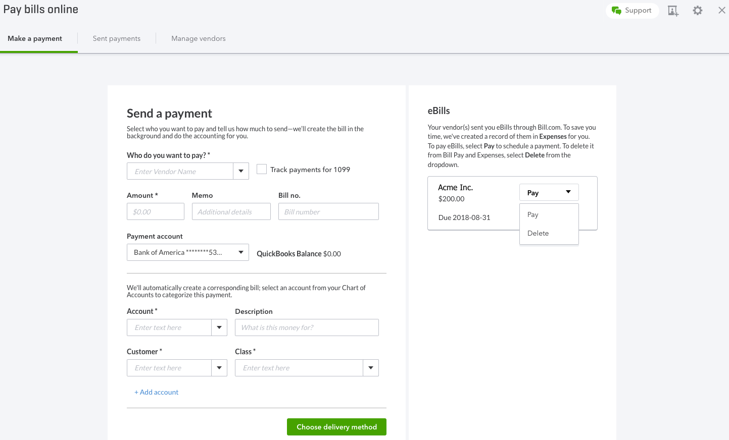 Send a payment with ebills in QuickBooks Online