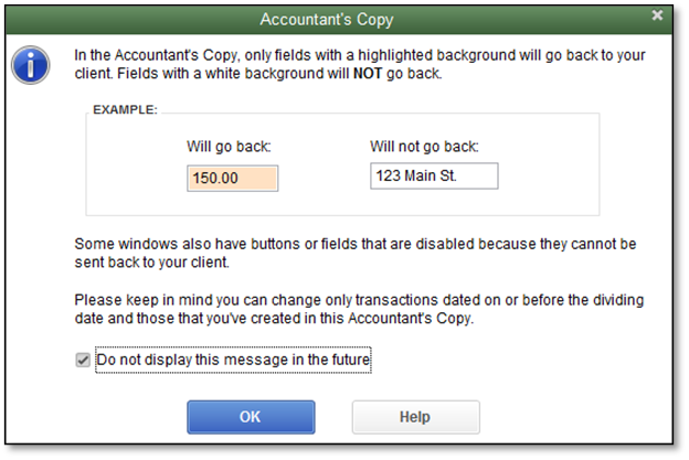 Message explaining fields that can and cannot be changed in the Accountant's Copy in QuickBooks Desktop