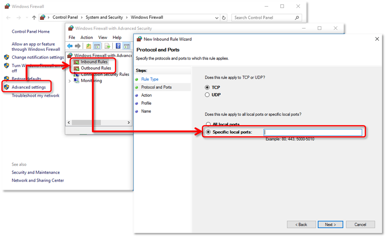 Windows firewall advanced settings rules and specific local ports