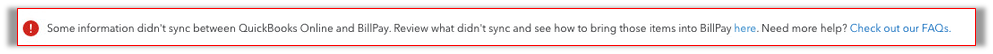 Sync error QuickBooks Online and BillPay.com window