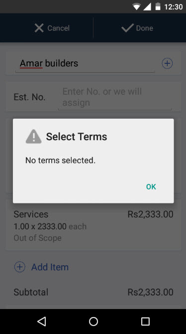 No terms selected. Error message on QBO mobile app.