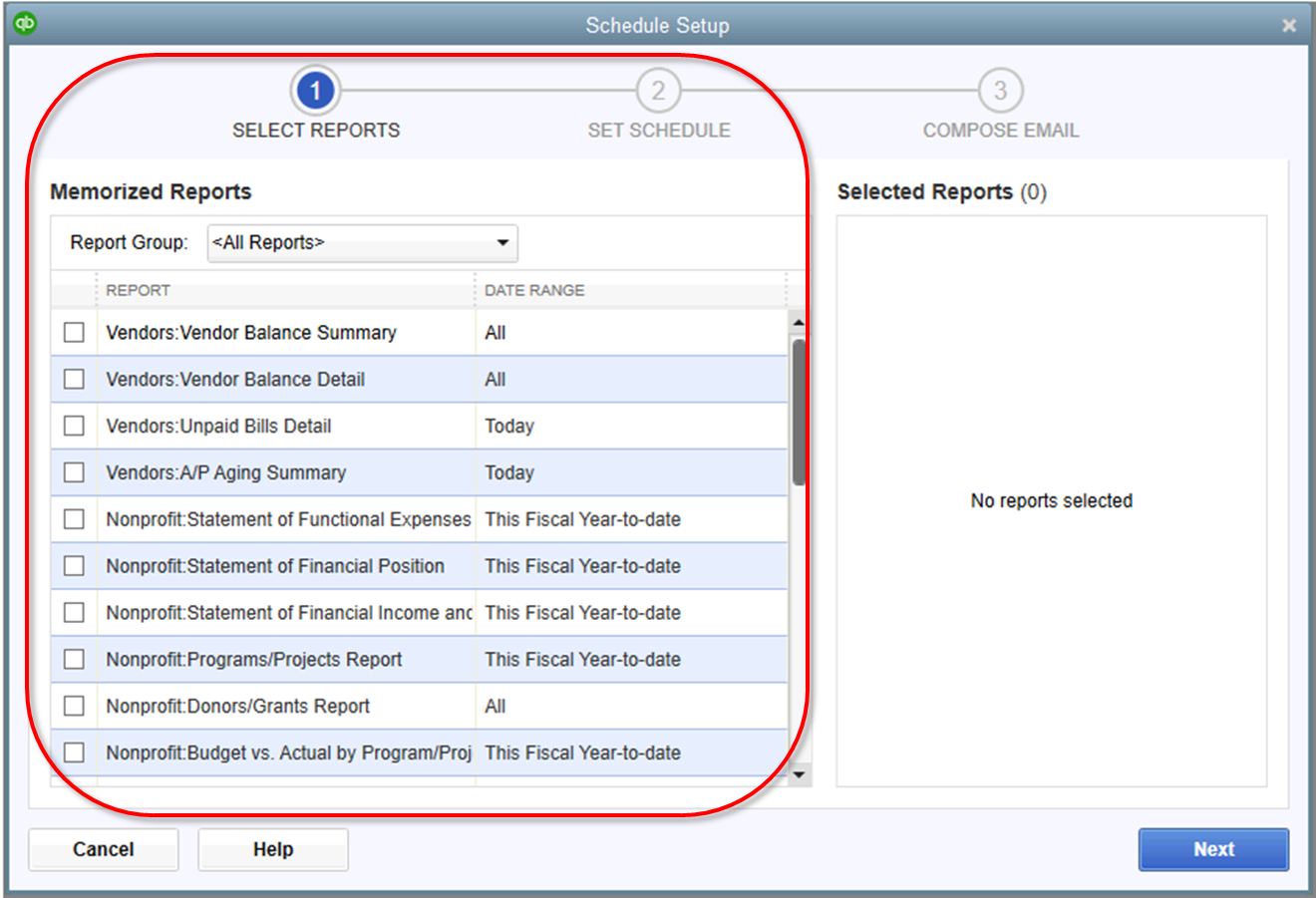 scheduled report setup