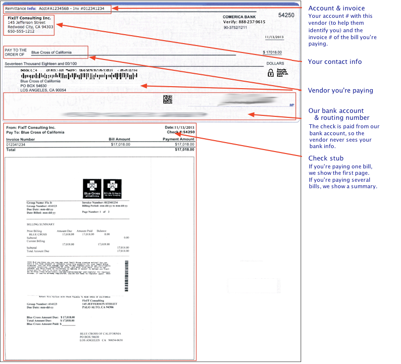 check and invoice bill pay example from QuickBooks and Bill.com