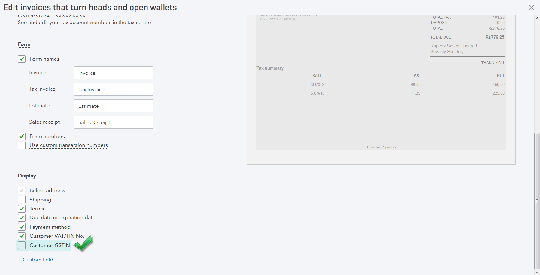 Screenshot of Customer GSTIN being enabled from Custom Form Styles
