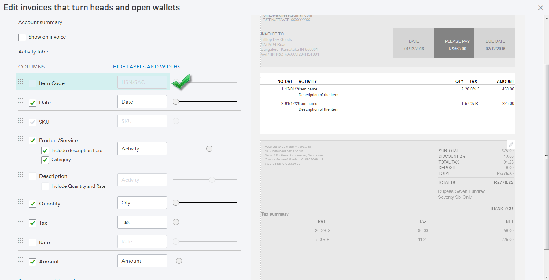 Screenshot of HSN/SAC column being enabled in Custom Form Styles.